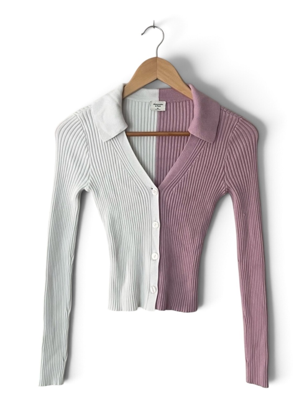 Abercrombie & Fitch Pink White Ribbed Collared Cardigan XS